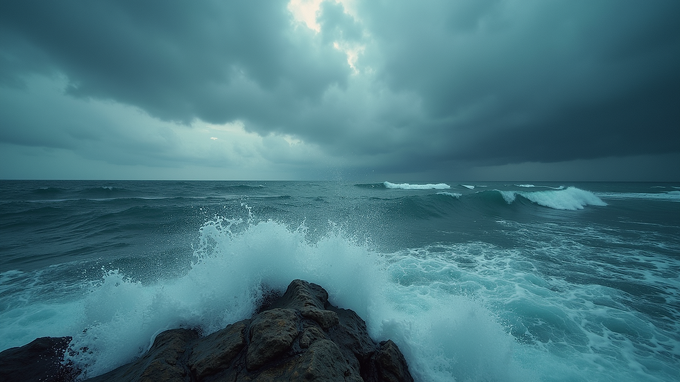 High angle view of turbulent sea under stormy skies
