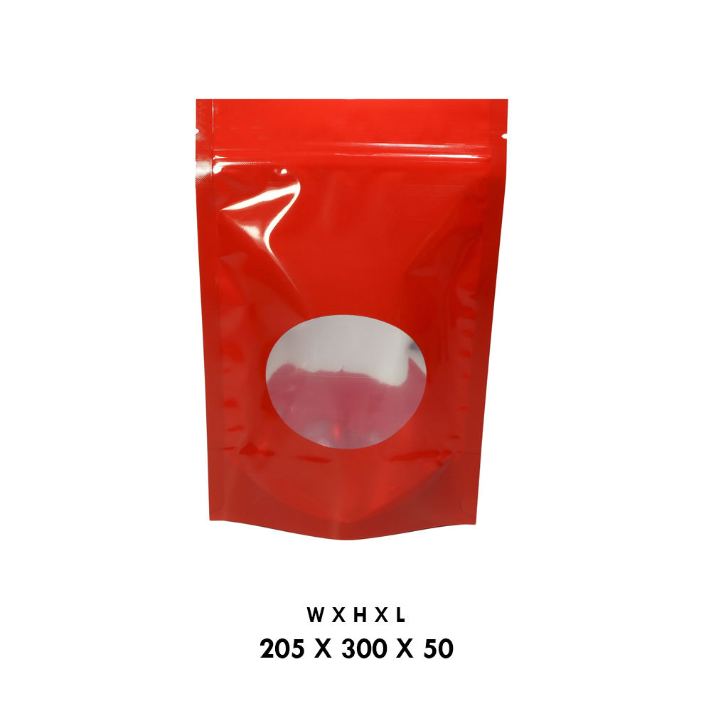 205 X 300 X 50 RED OVAL WINDOW STANDUP ZIP POUCH PACK OF 100 NOS