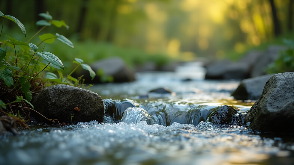 Close-up view of a serene nature scene with a flowing stream