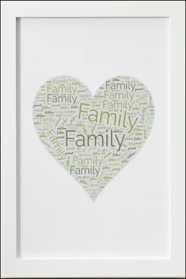 Thumbnail: Artwork Print with white frame - A heart formed entirely from the word “Family” in varying sizes and shades of green