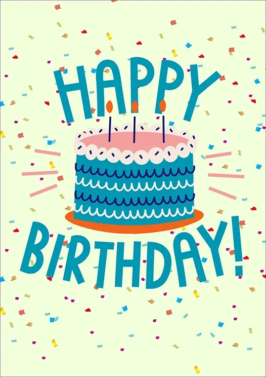 Thumbnail: Birthday Card Front - "Happy Birthday" a layered blue-and-pink cake with four glowing candles, set against coloured confetti