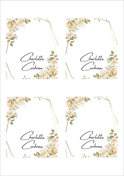 Thumbnail: Table Place Card Set06 Group - soft blush-peach roses and rose-gold geometric accents with guest name in script