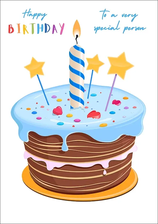 Thumbnail: Birthday Card Front - "Happy Birthday to a very special person" with a chocolate-layer cake draped in glossy blue icing
