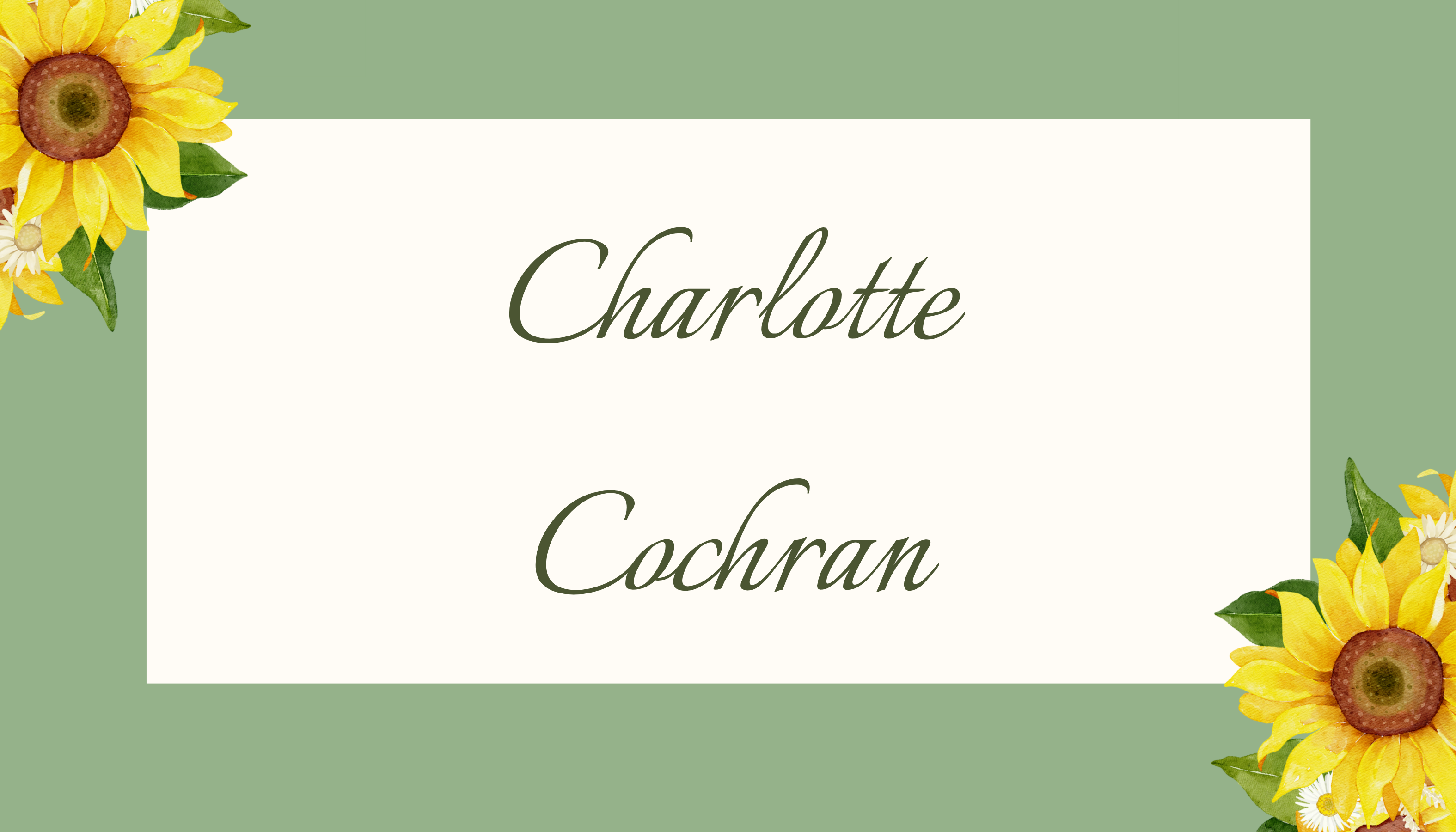 Table Place Card Set08 Front - Features the guest name set on a cream background with teal border and sunflowers