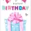 Thumbnail: Birthday Card Front - "Happy Birthday" a pastel-coloured gift box with a star-patterned bow, pastel pink and blue balloons