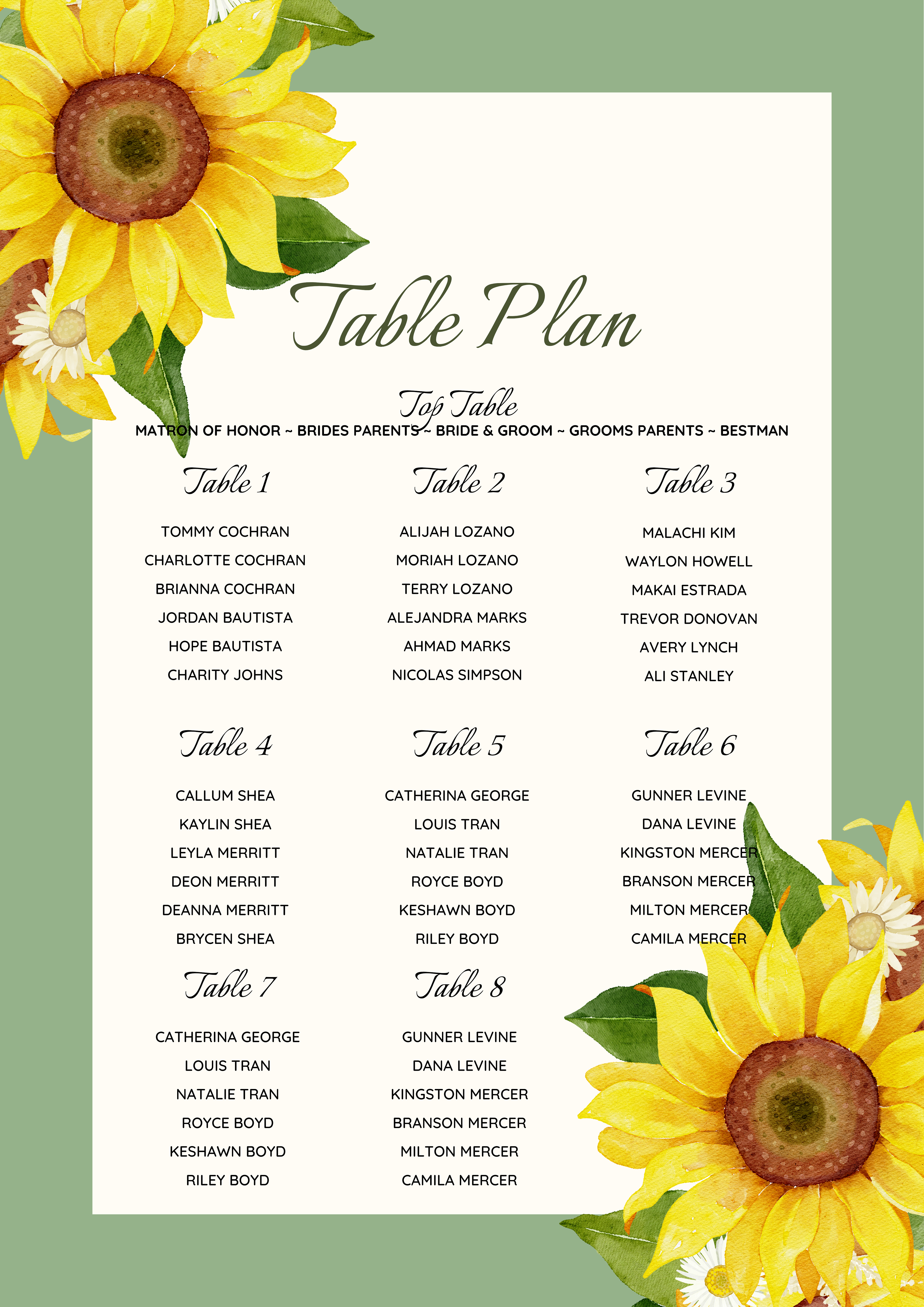 Sunflower Blooms Table Plan Set08 - featuring themed border and sunflowers with top table and 8 guest tables information
