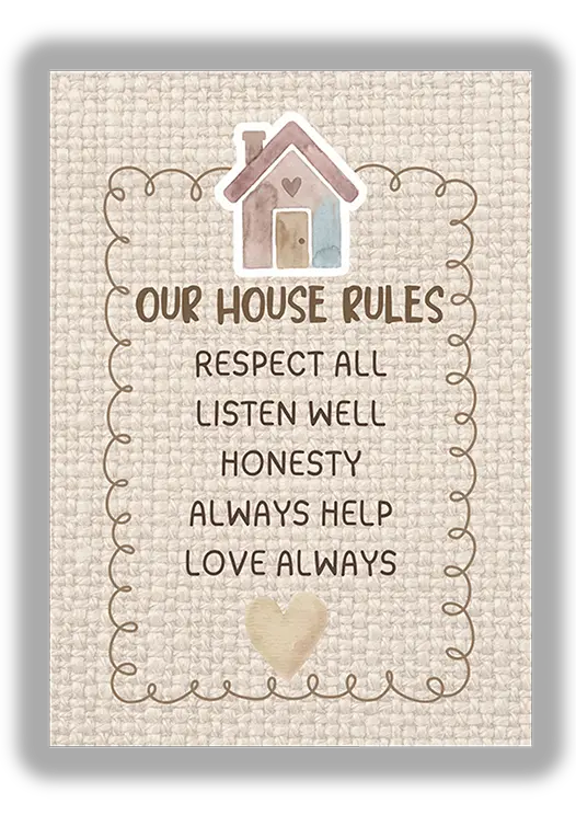 Poster Print Display - "Our House Rules - Respect all, Listen well, Honesty, Always help, Love always"