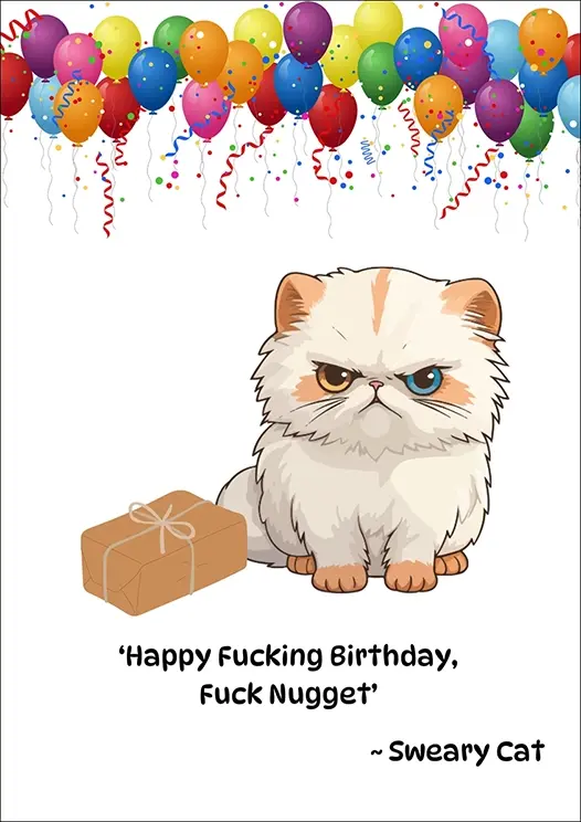Thumbnail: Humour Card Front - "Happy fucking Birthday, fuck nugget" ~Sweary Cat