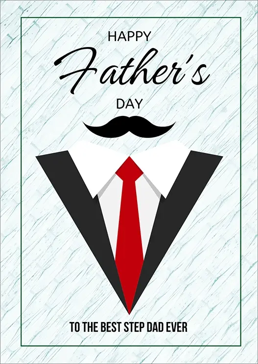 Thumbnail: Father's Day Card Front - "Happy Father's Day to the best step dad ever" features a moustache and suit design