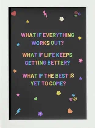 Thumbnail: Poster Print with white frame - “What if everything works out? colourful rainbow text, black backdrop