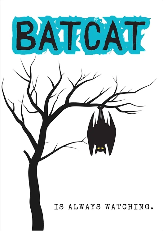 Thumbnail: Birthday Card Front - "Batcat" & "is always watching." features a dark silhouette of a bare tree and Batcat hanging around