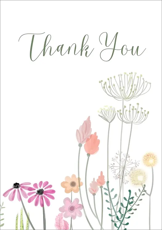 Thumbnail: Thank You Card Front - "Thank You" adorned with delicate pastel wildflowers at the bottom