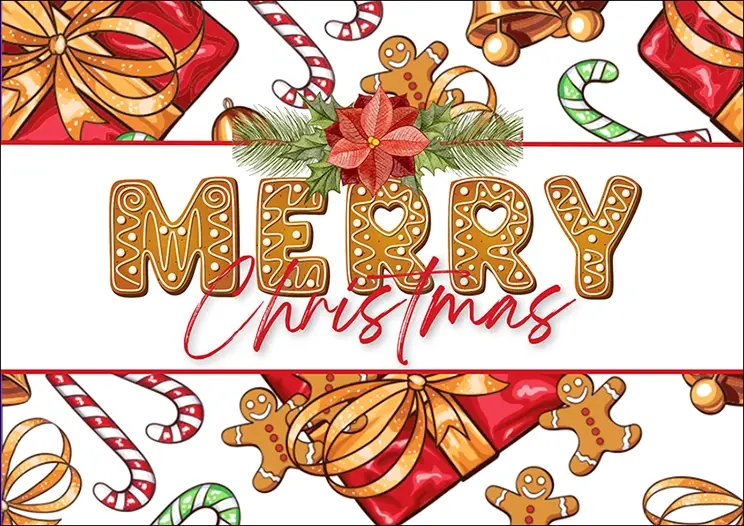 Thumbnail: Christmas Card Front - "Merry Christmas" with gingerbread-style lettering, candy canes and cheerful gingerbread men