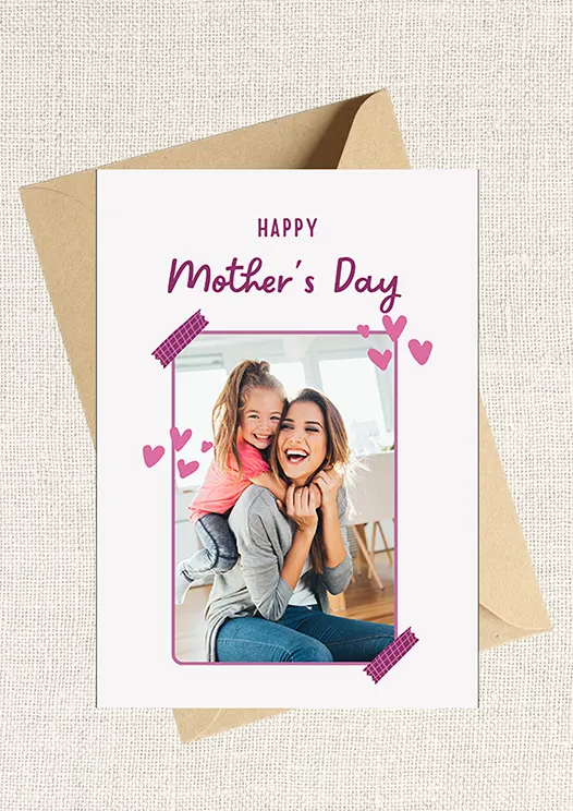 Personalised Mother's Day card display - "Happy Mother's Day" with photo upload in a  taped-photo style display