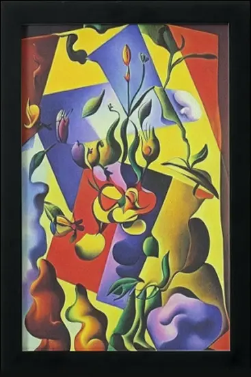 Thumbnail: Artwork Print with black frame - Abstract botanical elements in vivid shades of red, yellow, green, and purple