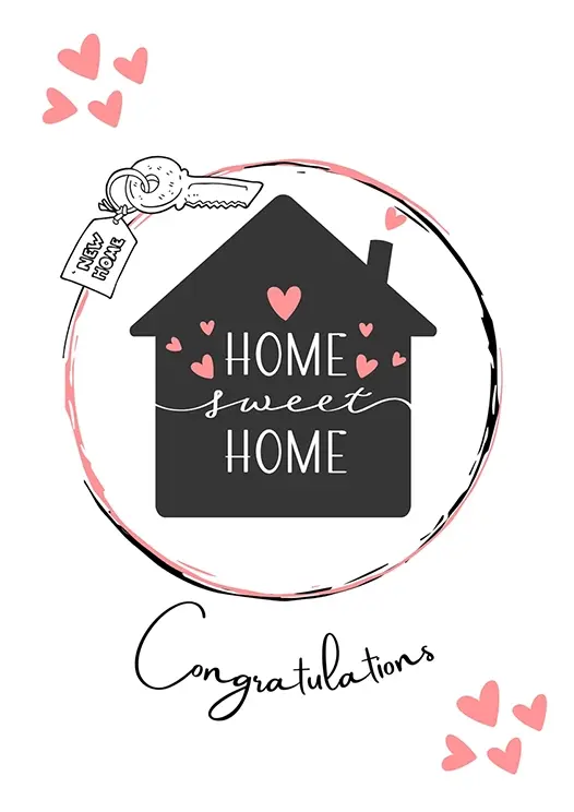 Thumbnail: New Home Card Front - "New Home" "Home Sweet Home" "Congratulations" bold charcoal silhouette of a house, hearts an key fob