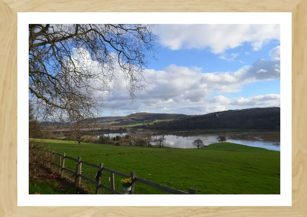 Landscape Print with wooden frame - A calm river glides through the Shropshire valley beneath a sky of soft spring clouds.
