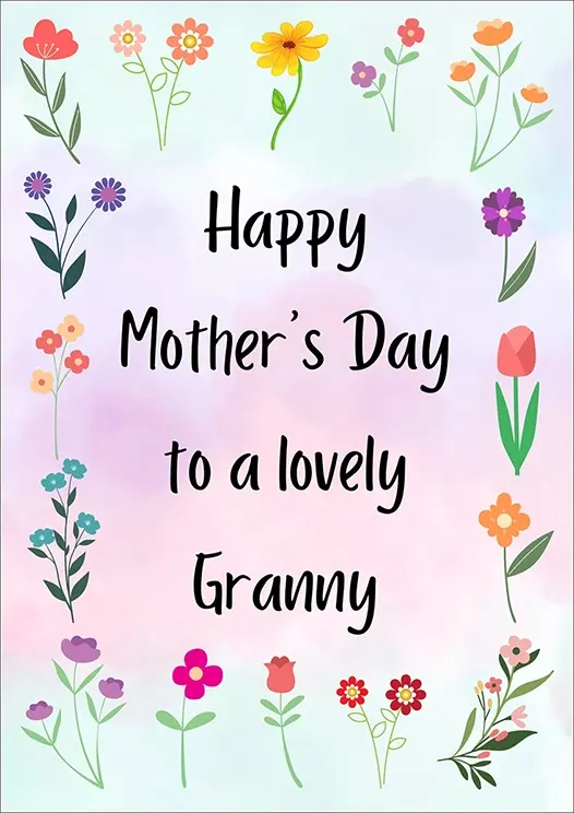 Thumbnail: Mother's Day Card Front - "Happy Mother's Day to a lovely Granny" as foliage dances around a soft pastel wash