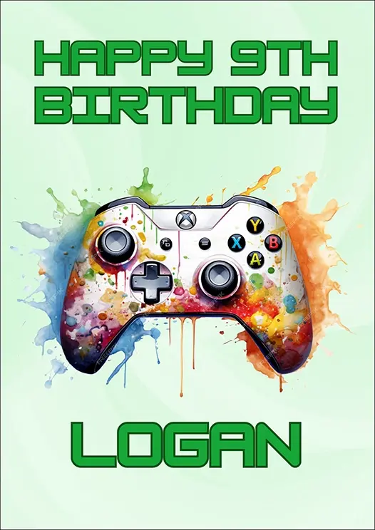Thumbnail: Personalised Birthday Card Front - "Happy Birthday 'name'"  features a colourful controller splattered with paint