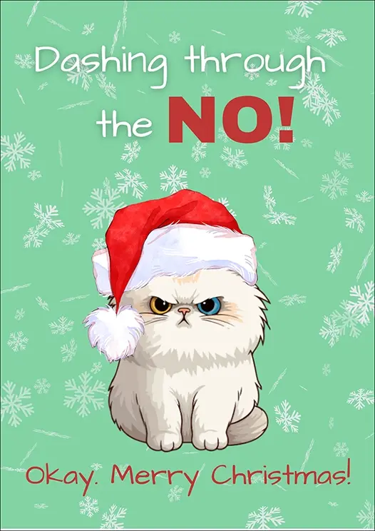 Thumbnail: Christmas Card Front - "Dashing through the NO! okay, Merry Christmas"" a grumpy cat scowls - Twat cat series