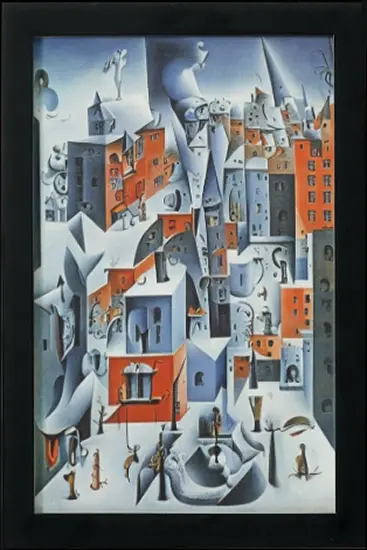 Thumbnail: Artwork Print with black frame - an intricate urban landscape painted in a palette of rich red, ice blue, and soft grey