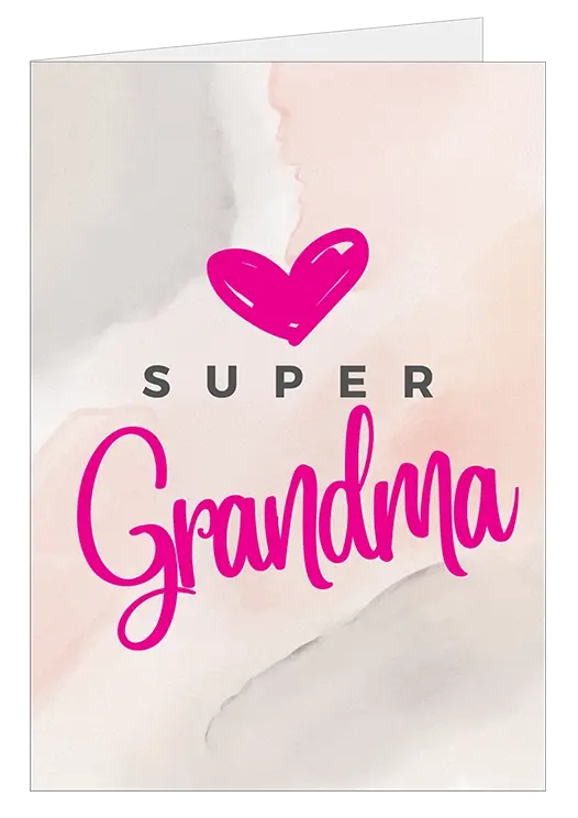 Mother's Day Card - “Super Grandma” fuchsia lettering and heart on a peach and grey backdrop