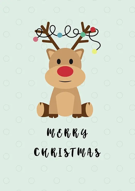 Thumbnail: Christmas Card Front - "Merry Christmas" a sweet reindeer cub with colourful string lights around its antlers