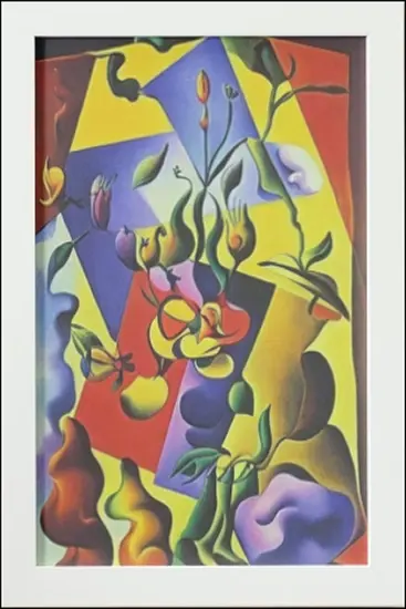 Thumbnail: Artwork Print with white frame - Abstract botanical elements in vivid shades of red, yellow, green, and purple