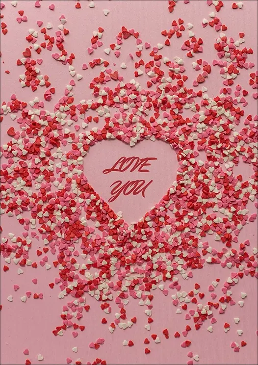 Thumbnail: Anniversary Card Front - “Love You” features a stunning heart-shaped confetti design with text at the centre