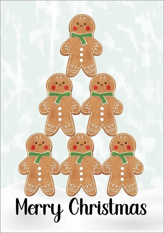 Thumbnail: Christmas Card Front - "Merry Christmas" six adorable gingerbread men stacked in a playful pyramid