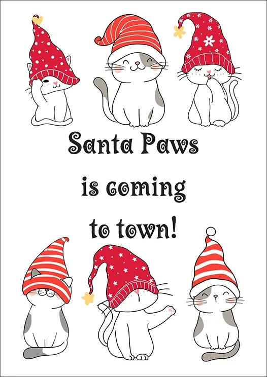 Thumbnail: Christmas Card Front - “Santa Paws is coming to town!” with six cute cats sporting festive hats