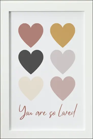 Thumbnail: Artwork Print With White Frame - "You are so loved" with a light cream canvas with 6 pastel coloured hearts