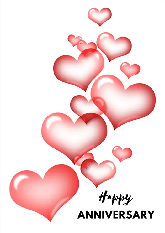 Thumbnail: Anniversary Card Front - "Happy Anniversary" features a cascade of glossy floating pink hearts