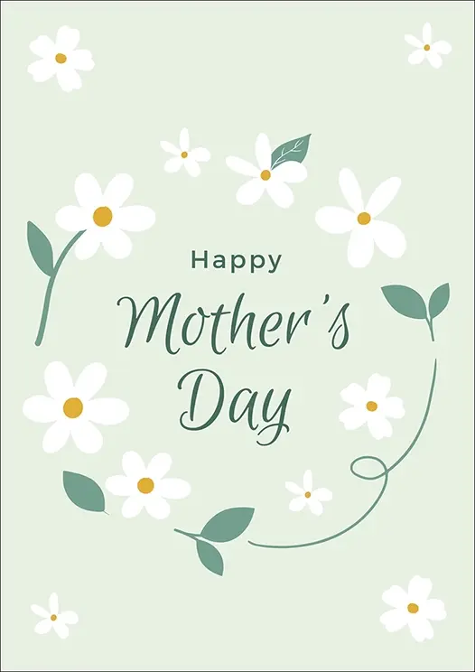 Thumbnail: Mother's Day Card Front - "Happy Mother's Day" with delicate white daisies forming a graceful wreath on a light sage backdrop