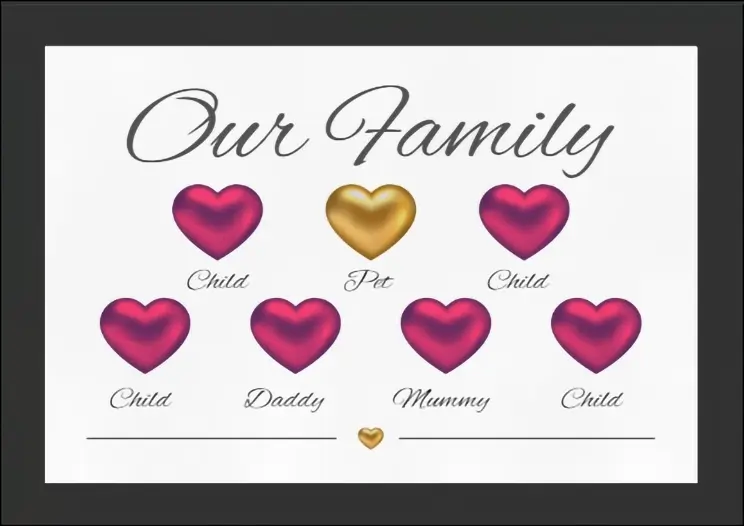 Thumbnail: Artwork Print with black frame - Featuring hearts labelled for each family member, with personal name writing