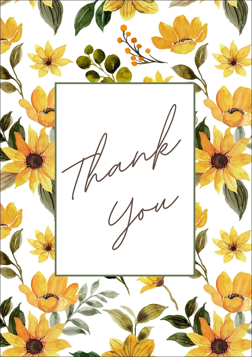 Thumbnail: Thank You Card Front - "Thank You" with golden flowers and olive-green leaves form a floral border around a white panel