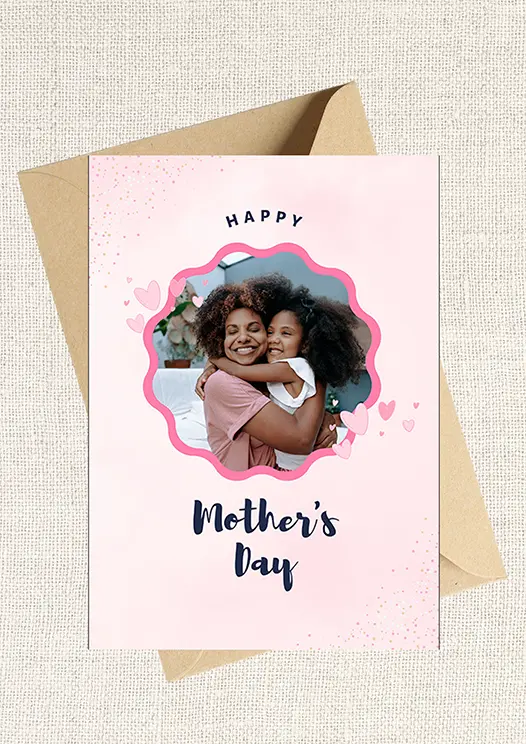 Personalised Mother's Day card display - "Happy Mother's Day" with photo upload in a scalloped frame of pink