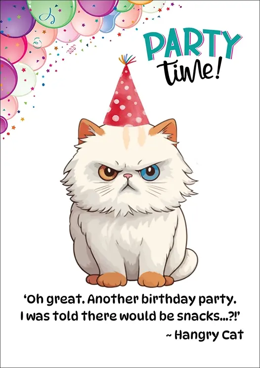 Thumbnail: Humour Card Front - "Party Time!" "Oh great. Another birthday party. I was told there would be snacks...?!" ~Hangry Cat