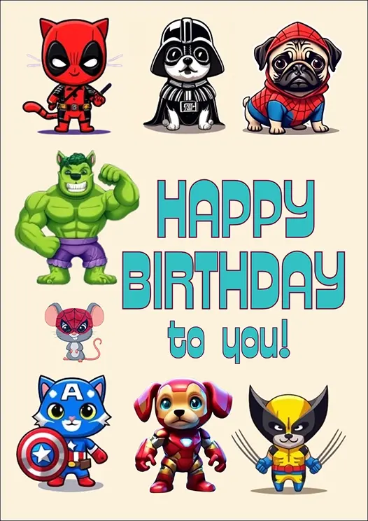 Thumbnail: Birthday Card Front - "Happy Birthday to you!"  with a Superpet squad of animals ready for action