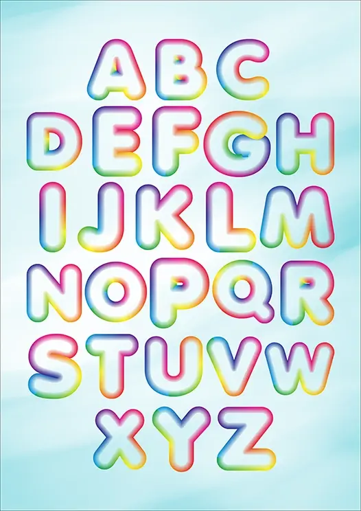 Thumbnail: Poster Print without frame - Colourful educational alphabet in neon tones on a blue watercolour backdrop