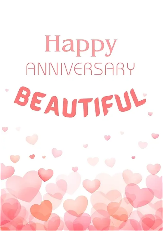 Thumbnail: Anniversary Card Front -  "Happy Anniversary Beautiful" soft pastel hearts on a white backdrop