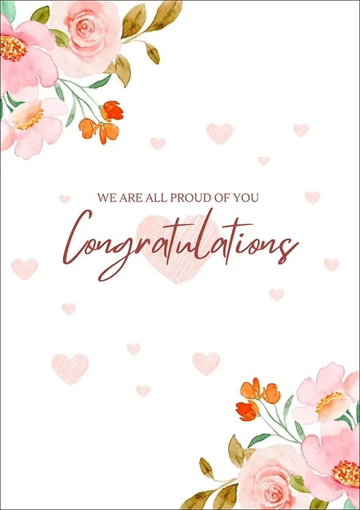 Thumbnail: Congratulations Card Front - "We are all proud of you Congratulations" script with pastel florals and soft  heart images