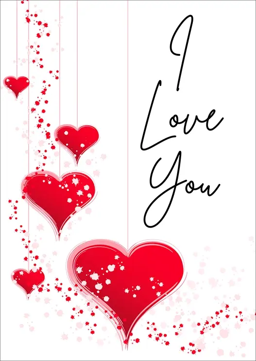 Thumbnail: Valentine's Day Card Front -  "I Love You" with dangling red hearts and confetti trail