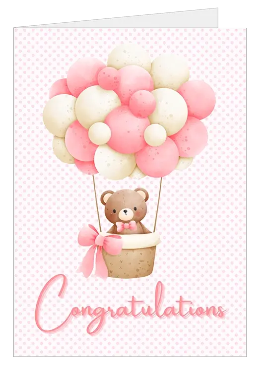 New Baby Card - "Congratulations" with a sweet white and pink polka dot design with a cute teddy bear