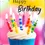 Thumbnail: Birthday Card Front - "Happy Birthday" with a frosted cupcake topped with striped rainbow candles