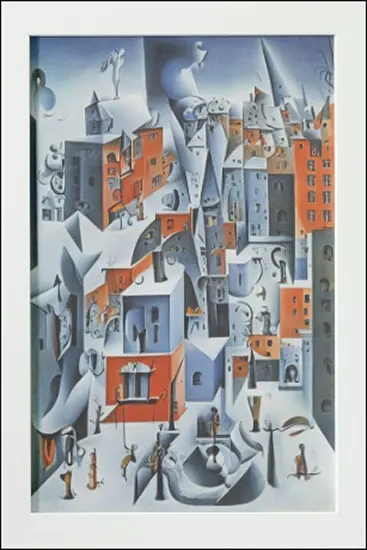 Thumbnail: Artwork Print with white frame - an intricate urban landscape painted in a palette of rich red, ice blue, and soft grey