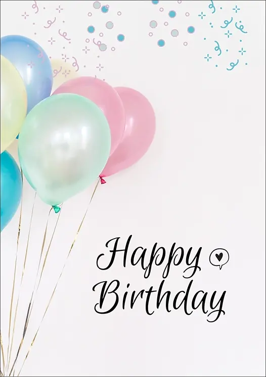 Thumbnail: Birthday Card Front - "Happy Birthday" with a bouquet of iridescent pastel balloons trailing golden strings