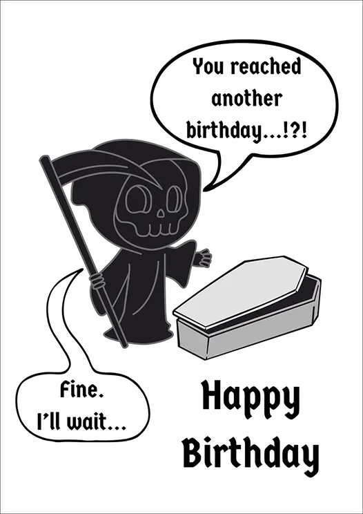 Thumbnail: Humour Card Front - "You reached another Birthday, fine I'll wait..Happy Birthday" featuring a mono cartoon Grim Reaper