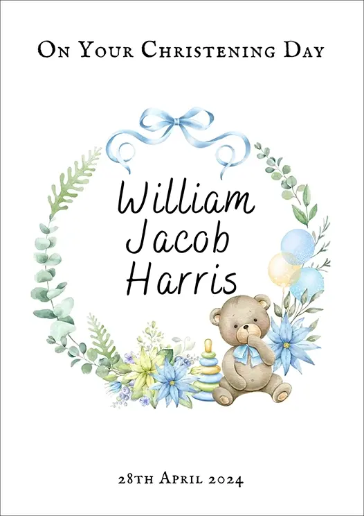 Thumbnail: Personalised Christening Card Front - "On your Christening day 'name and date'" a teddy bear nestled within a floral wreath