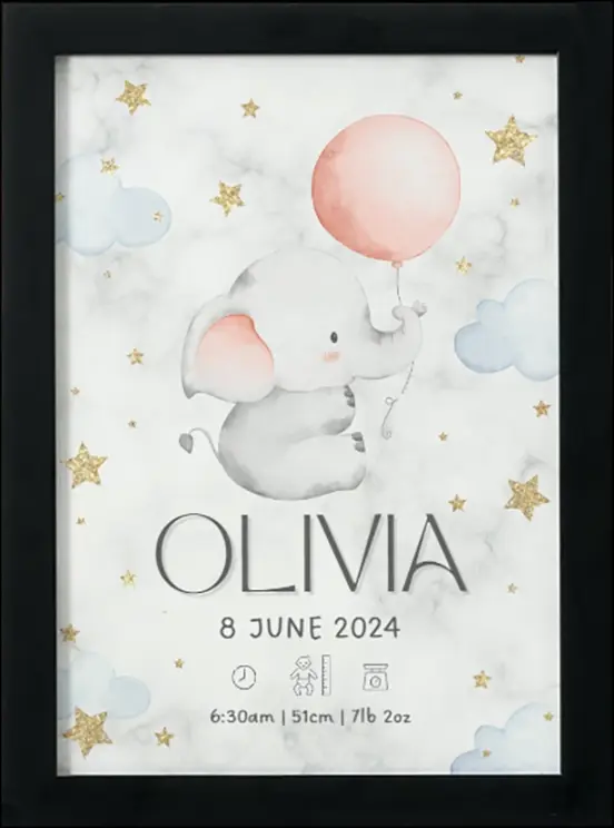 Thumbnail: Personalised Poster Print black frame - "Child's name, birth date, time, height and weight" with cute elephant and balloon